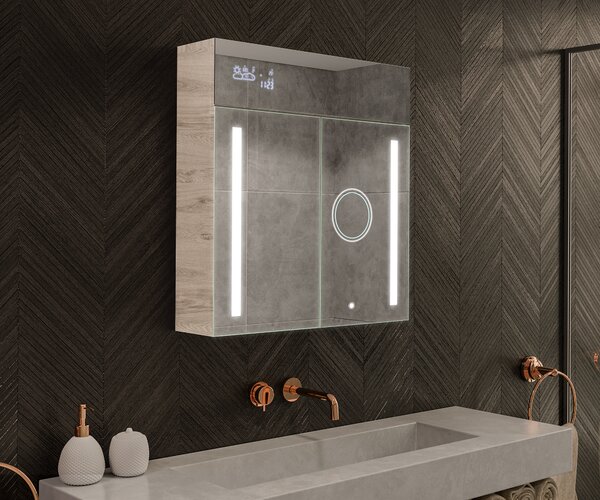 Dulap de baie cu oglindă LED iluminată - 66,5 x 72 cm cu rafturi din sticlă, în culoarea Stejar Oslo, din lemn, de la Artforma
