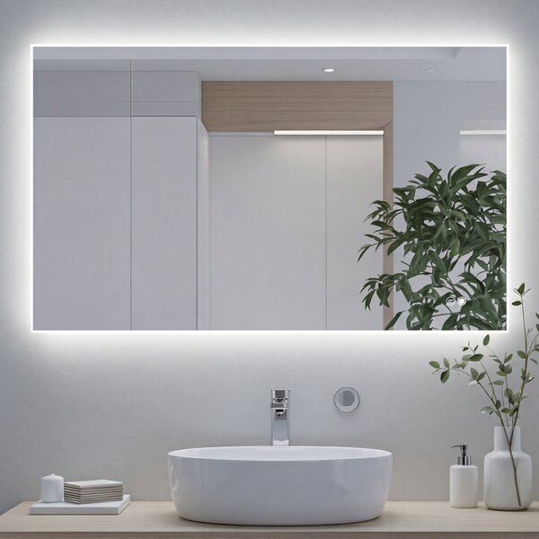 Oglindă dreptunghiulară pentru baie cu iluminare LED 80x60/60x80 cm, culori duale, comutator tactil, covoraș de încălzire