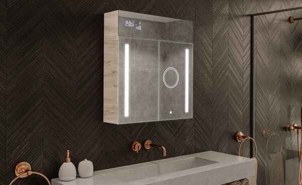 Dulap de baie cu oglindă LED iluminată - 66,5 x 72 cm cu rafturi din sticlă, în culoarea Stejar Oslo, din lemn, de la Artforma