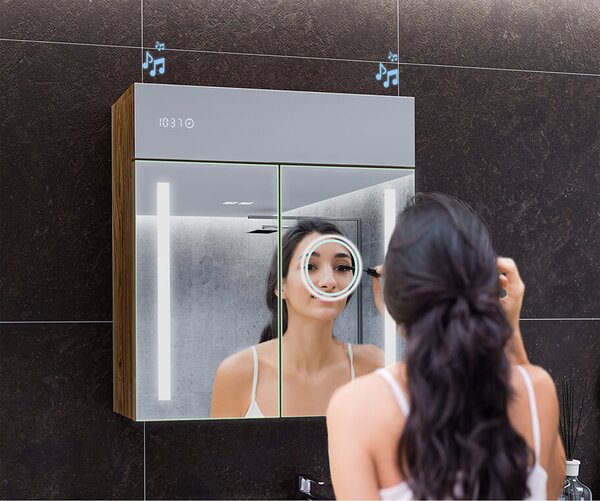 Dulap de baie cu oglindă LED iluminată - 66,5 x 72 cm cu rafturi din sticlă, în culoarea Stejar Oslo, din lemn, de la Artforma