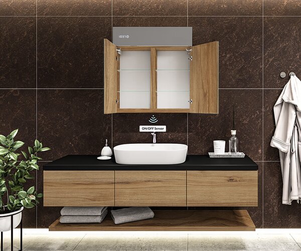 Dulap de baie cu oglindă LED iluminată - 66,5 x 72 cm cu rafturi din sticlă, în culoarea Stejar Oslo, din lemn, de la Artforma