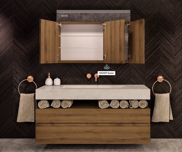 Dulap iluminat cu oglindă LED, model Emily L02 - 100 x 72 cm, dulap de baie cu design modern și configurare a întrerupătorului pentru iluminare, în culoarea Stejar Oslo