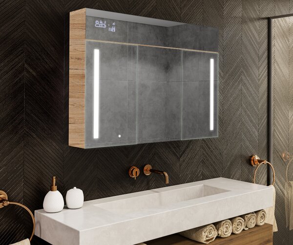 Dulap iluminat cu oglindă LED, model Emily L02 - 100 x 72 cm, dulap de baie cu design modern și configurare a întrerupătorului pentru iluminare, în culoarea San Marino