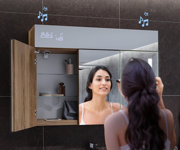 Dulap iluminat cu oglindă LED, model Emily L02 - 100 x 72 cm, dulap de baie cu design modern și configurare a întrerupătorului pentru iluminare, în culoarea Stejar Oslo