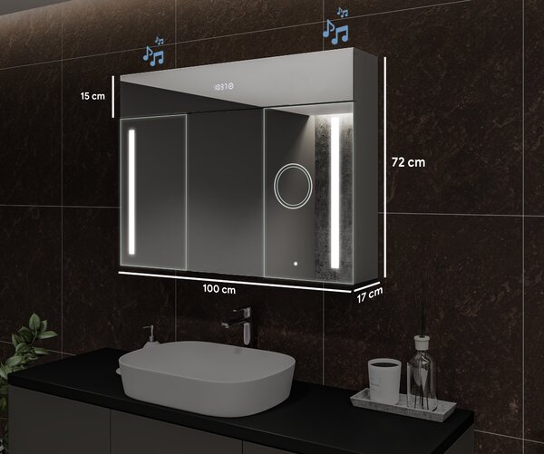 Dulap iluminat cu oglindă LED, model Emily L02 - 100 x 72 cm, dulap de baie cu design modern și configurare a întrerupătorului pentru iluminare, în culoarea Stejar Oslo
