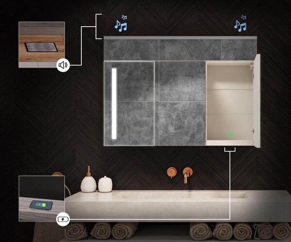 Dulap iluminat cu oglindă LED, model Emily L02 - 100 x 72 cm, dulap de baie cu design modern și configurare a întrerupătorului pentru iluminare, în culoarea Stejar Oslo