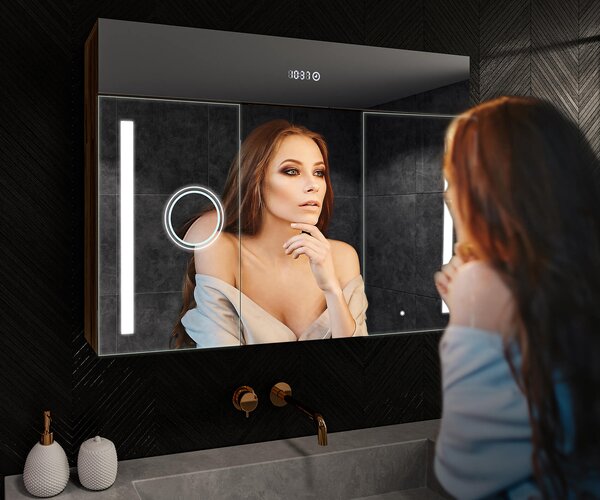 Dulap iluminat cu oglindă LED, model Emily L02 - 100 x 72 cm, dulap de baie cu design modern și configurare a întrerupătorului pentru iluminare, în culoarea Stejar Oslo