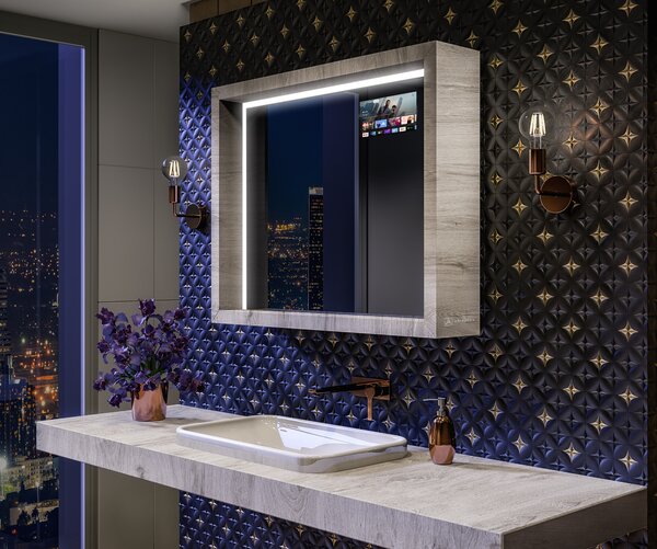 Oglindă LED pentru baie cu ramă WoodenFrame, în culoarea Stejar Oslo