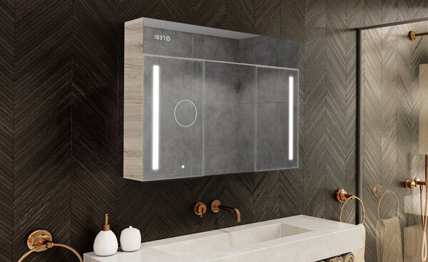 Dulap iluminat cu oglindă LED, model Emily L02 - 100 x 72 cm, dulap de baie cu design modern și configurare a întrerupătorului pentru iluminare, în culoarea Stejar Oslo