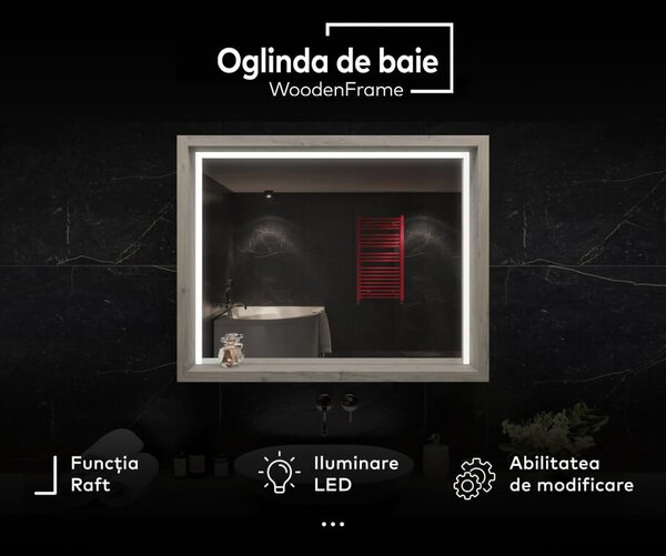 Oglindă LED pentru baie cu ramă WoodenFrame, în culoarea Stejar Oslo
