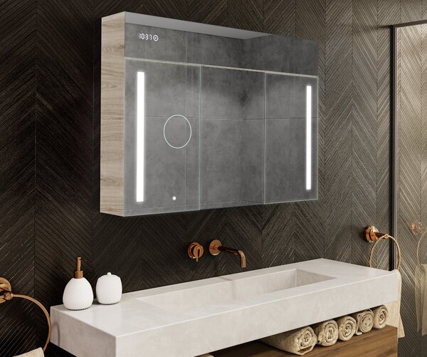 Dulap iluminat cu oglindă LED, model Emily L02 - 100 x 72 cm, dulap de baie cu design modern și configurare a întrerupătorului pentru iluminare, în culoarea Stejar Oslo