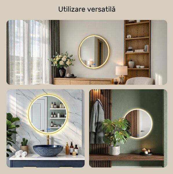 Oglindă rotundă LED într-o ramă aurie din aluminiu