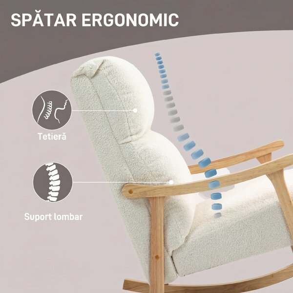 HOMCOM Scaun Balansoar Tapițat din Catifea Teddy, cu Spătar Ergonomic și Picioare din Lemn de Cauciuc, Alb crem | Aosom Romania