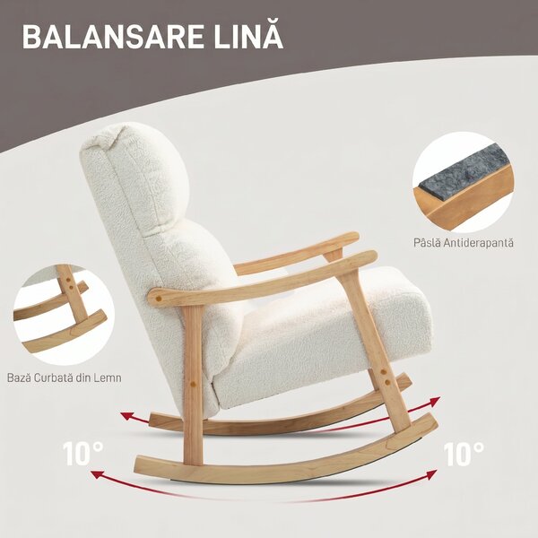 HOMCOM Scaun Balansoar Tapițat din Catifea Teddy, cu Spătar Ergonomic și Picioare din Lemn de Cauciuc, Alb crem | Aosom Romania