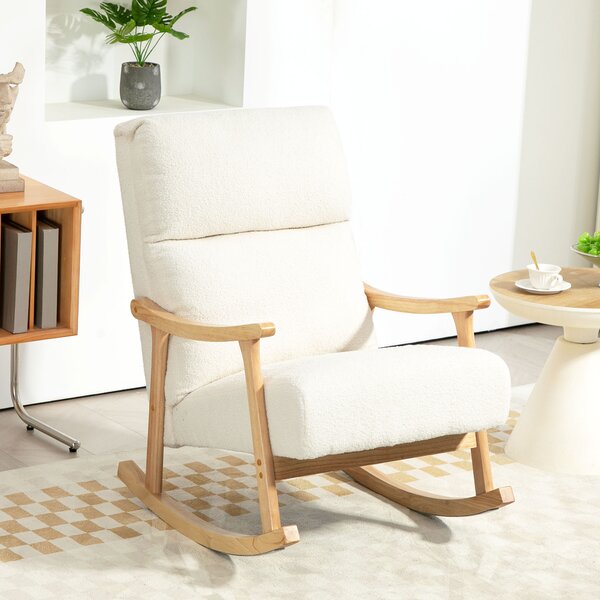HOMCOM Scaun Balansoar Tapițat din Catifea Teddy, cu Spătar Ergonomic și Picioare din Lemn de Cauciuc, Alb crem | Aosom Romania