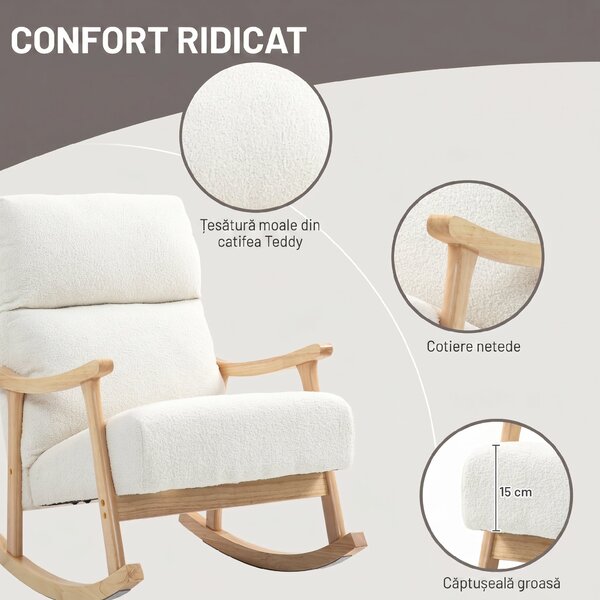 HOMCOM Scaun Balansoar Tapițat din Catifea Teddy, cu Spătar Ergonomic și Picioare din Lemn de Cauciuc, Alb crem | Aosom Romania