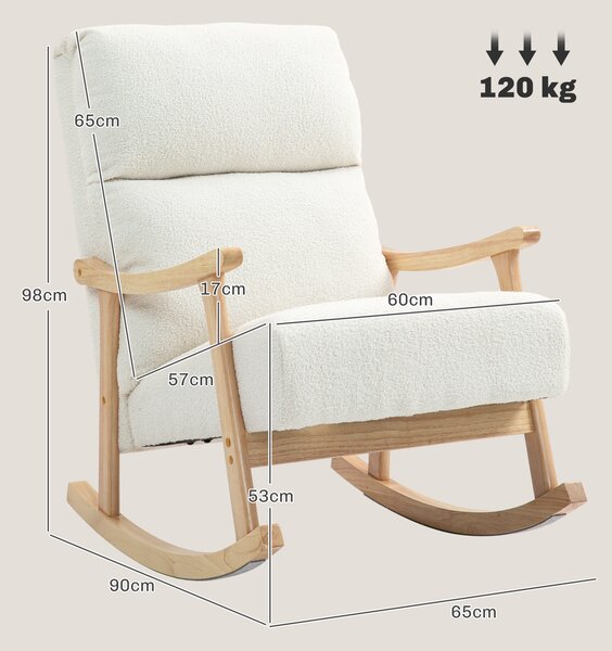 HOMCOM Scaun Balansoar Tapițat din Catifea Teddy, cu Spătar Ergonomic și Picioare din Lemn de Cauciuc, Alb crem | Aosom Romania