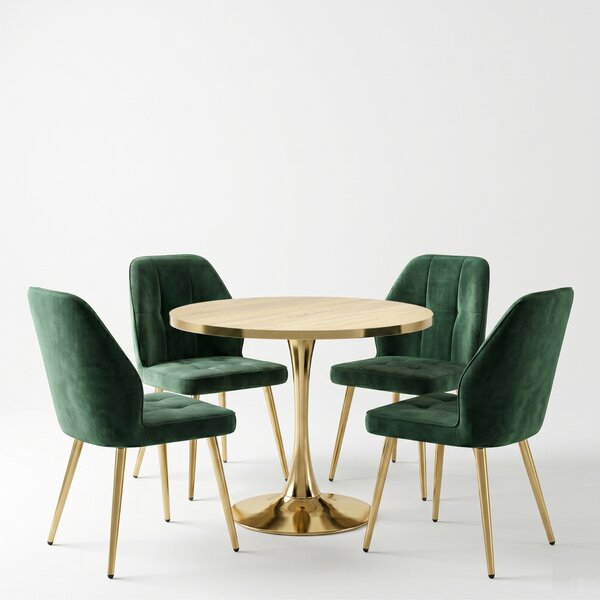 Set Masă Lyma Stejar Gold 80 cm cu 4 Scaune Elira Verde