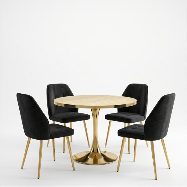 Set Masă Lyma Stejar Gold 80 cm cu 4 Scaune Elira Negru