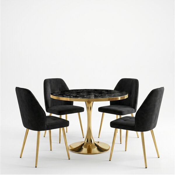 Set Masă Lyma Negru Marmorat Gold 80 cm cu 4 Scaune Elira Negru