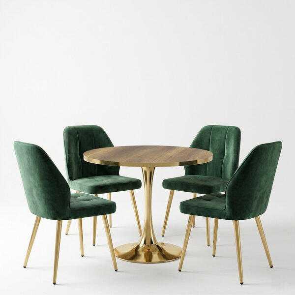 Set Masă Lyma Nuc Gold 80 cm cu 4 Scaune Elira Verde