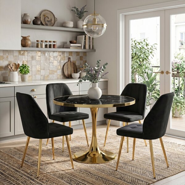 Set Masă Lyma Negru Marmorat Gold 80 cm cu 4 Scaune Elira Negru