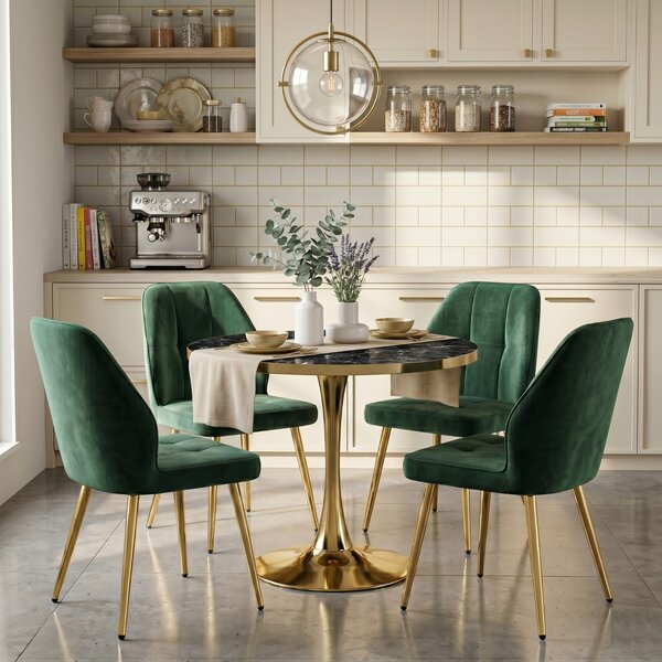 Set Masă Lyma Negru Marmorat Gold 80 cm cu 4 Scaune Elira Verde