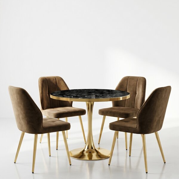 Set Masă Lyma Negru Marmorat Gold 80 cm cu 4 Scaune Elira Maro