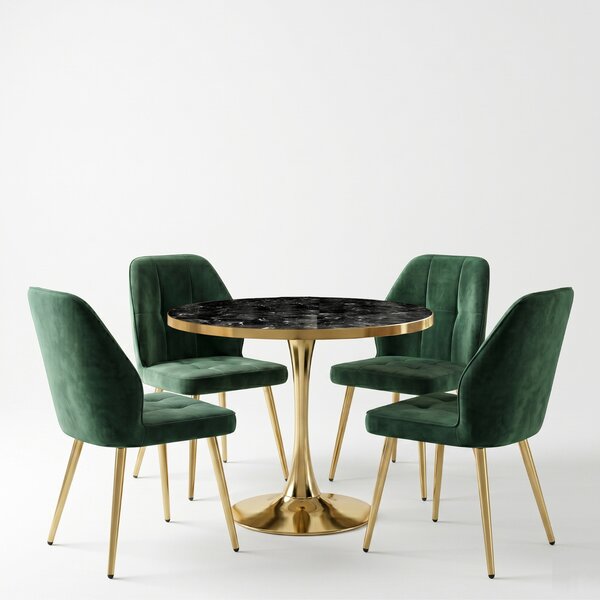 Set Masă Lyma Negru Marmorat Gold 80 cm cu 4 Scaune Elira Verde