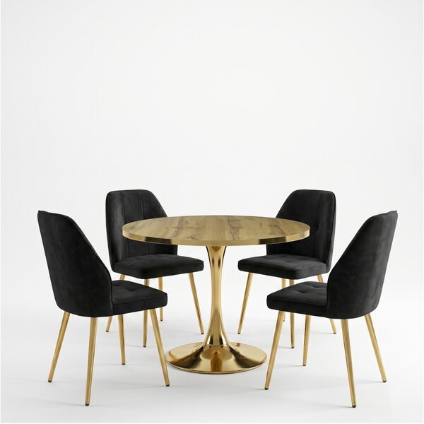 Set Masă Lyma Nuc Deschis Gold 80 cm cu 4 Scaune Elira Negru