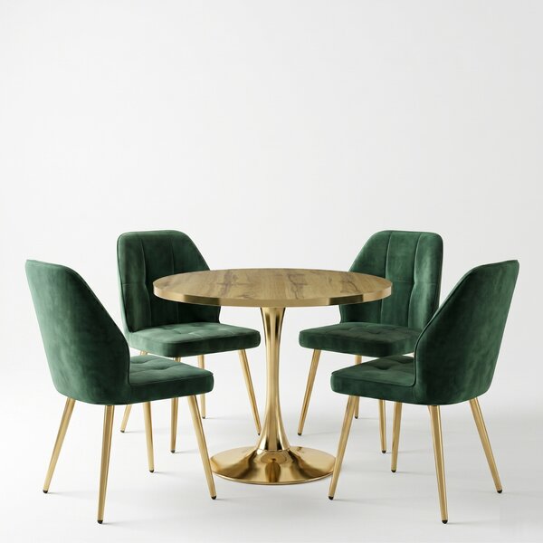 Set Masă Lyma Nuc Deschis Gold 80 cm cu 4 Scaune Elira Verde