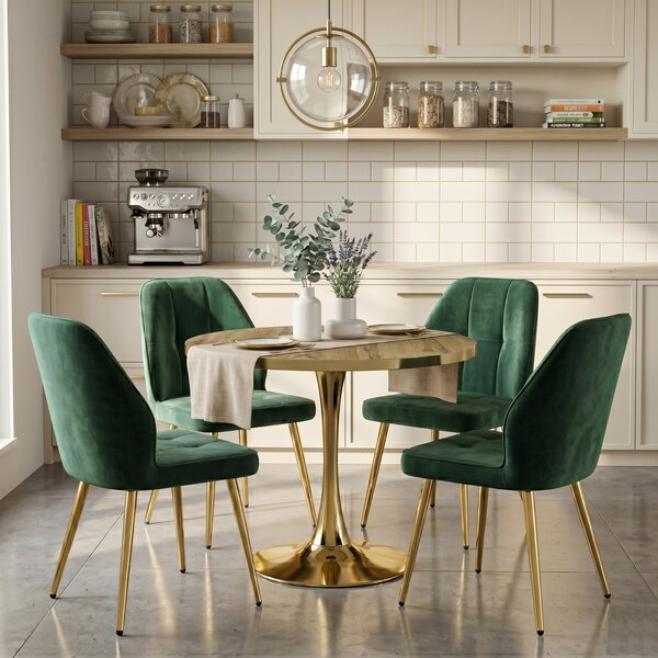 Set Masă Lyma Nuc Deschis Gold 80 cm cu 4 Scaune Elira Verde