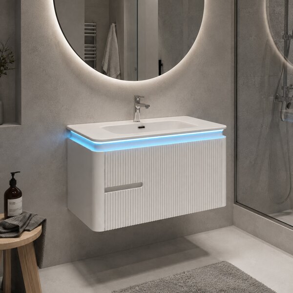 Corp Mobilier Baie CAPPADOCIA Riflat – 80 cm, Alb Lucios, cu Lavoar Ceramic