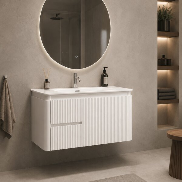 Corp Mobilier Baie CAPPADOCIA Riflat – 80 cm, Alb Lucios, cu Lavoar Ceramic