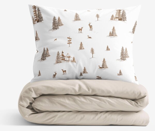Goldea lenjerie de pat din 100% bumbac duo - peisaj montan cu latte 150 x 200 și 50 x 60 cm