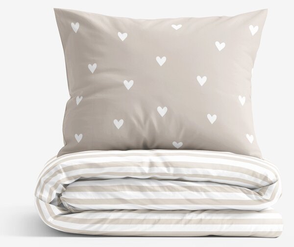 Goldea lenjerie de pat din 100% bumbac - inimioare pe latte cu dungi 150 x 200 și 50 x 60 cm