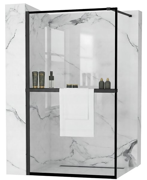 Rea Bler, paravan de duș tip Walk-In 70x195cm, sticlă transparentă de 8mm, profil negru + poliță și suport pentru prosoape EVO, KPL-K7636