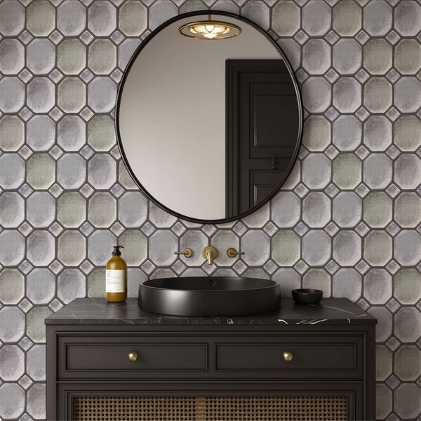 Tapet Model geometric din plăci de culoare gri și verzuie, Tapet abstract, a01259 : Uwalls.ro