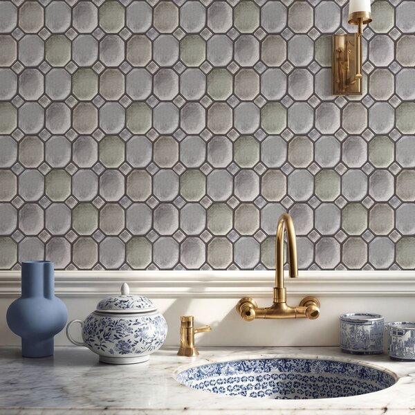 Tapet Model geometric din plăci de culoare gri și verzuie, Tapet abstract, a01259 : Uwalls.ro