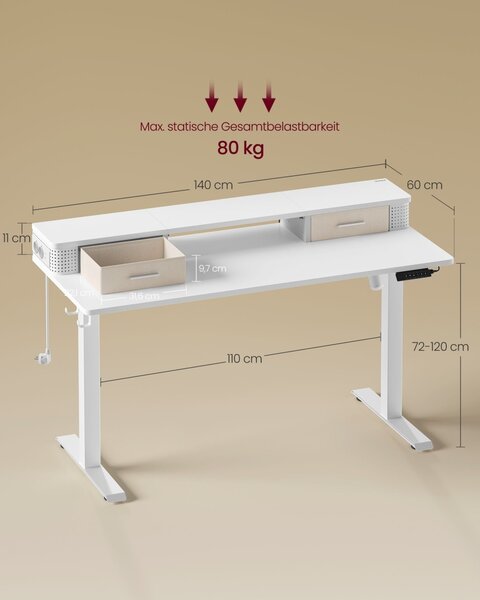 Birou reglabil Vasagle, Alb, LSD184W01 , 60 x 140 x (72-120)
