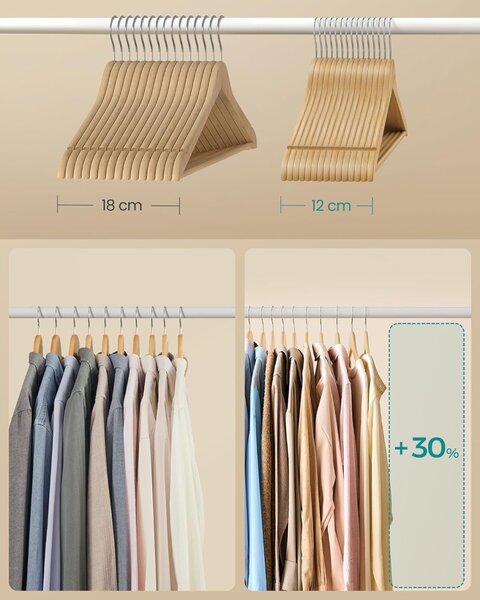 Set de 30 umerase din lemn, Songmics, Natural, 43 x 21 cm
