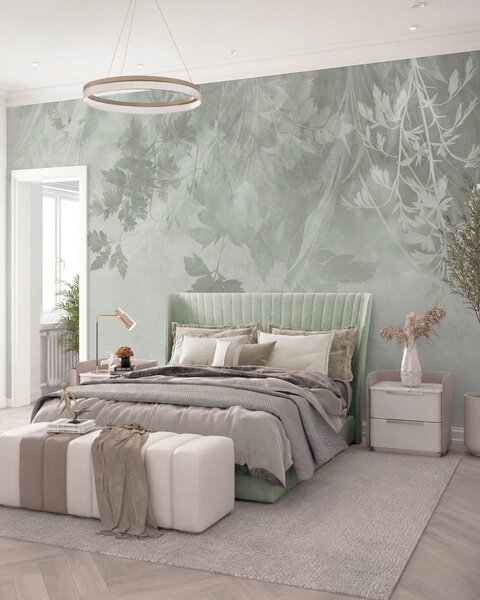 Tapet Frunze și ramuri cu textură, pe un fundal verde deschis, estompat, Imagini de fundal unice, w10020v2 : Uwalls.ro