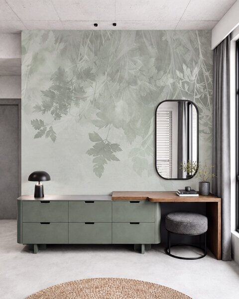 Tapet Frunze și ramuri cu textură, pe un fundal verde deschis, estompat, Imagini de fundal unice, w10020v2 : Uwalls.ro