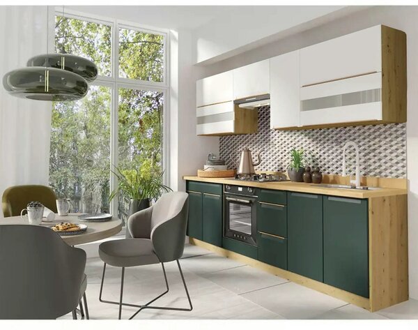 Set bucatarie GLAMOUR C PLUS, carcasa stejar artisan/fronturi verde ma