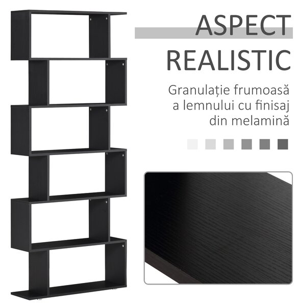HOMCOM Bibliotecă Modernă cu 6 Rafturi, Design Zig-Zag, Lemn Rezistent, Ușor de Curățat, Negru, 80x24x191 cm | Aosom Romania