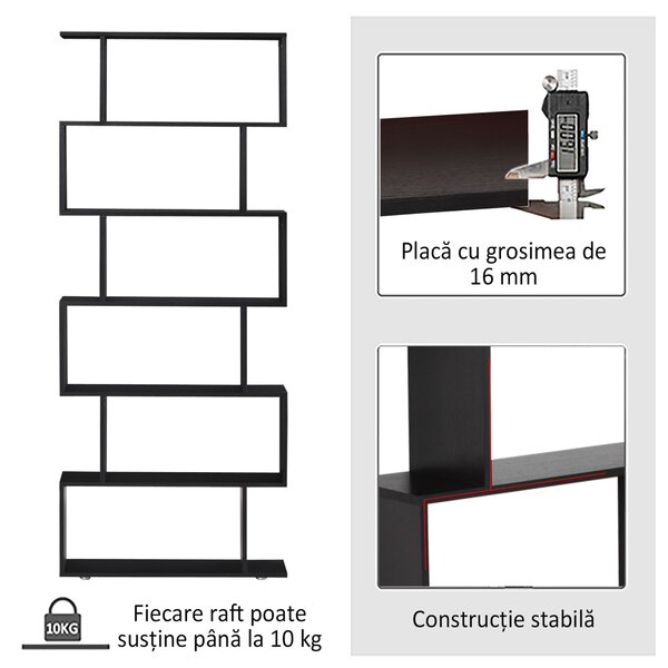 HOMCOM Bibliotecă Modernă cu 6 Rafturi, Design Zig-Zag, Lemn Rezistent, Ușor de Curățat, Negru, 80x24x191 cm | Aosom Romania