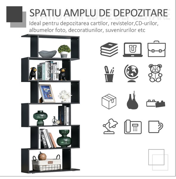 HOMCOM Bibliotecă Modernă cu 6 Rafturi, Design Zig-Zag, Lemn Rezistent, Ușor de Curățat, Negru, 80x24x191 cm | Aosom Romania