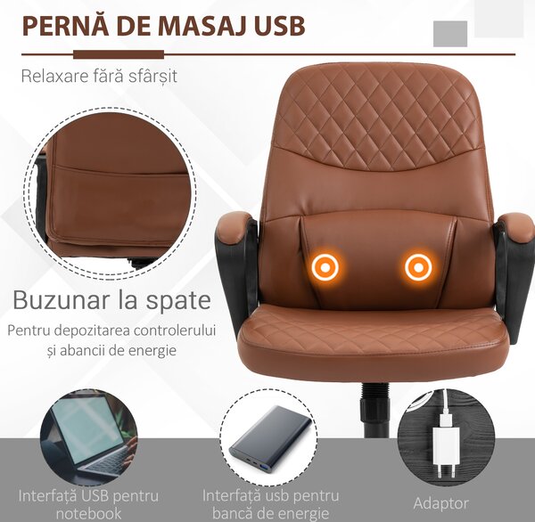 Vinsetto Scaun de birou ergonomic cu 2 Puncte pentru Masaj, Port USB, Piele Ecologică, Maro, 59x63x92-101cm | Aosom Romania