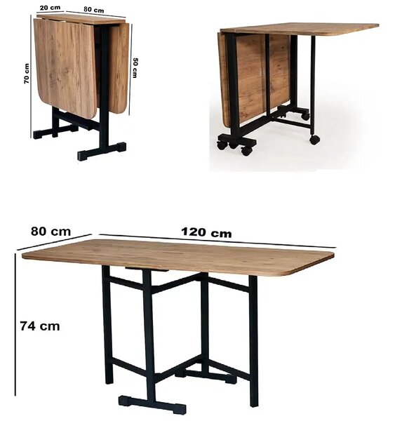 Masa Bucatarie pliabila cu roti Homs Nuc 120 x 80 x 74 cm