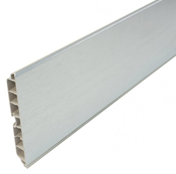 Plinta PVC pentru mascare picioare bucatarie, L=2000 mm, H=100/120/150 mm, l=13 mm, 1 canal pentru clips, finisaj aluminiu